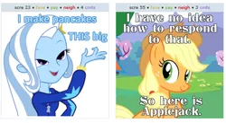 Size: 526x289 | Tagged: safe, derpibooru import, screencap, applejack, trixie, derpibooru, equestria girls, equestria girls (movie), exploitable meme, juxtaposition, juxtaposition win, meme, meta