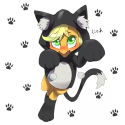 Size: 700x700 | Tagged: safe, artist:30clock, derpibooru import, applejack, cat, pony, applecat, bipedal, blushing, cat hoodie, cat's pajamas, clothes, costume, cute, hoodie, jackabetes, japanese, kigurumi, looking up, pajamas, simple background, solo