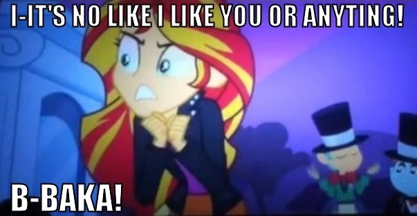 Size: 603x312 | Tagged: safe, derpibooru import, snails, snips, sunset shimmer, equestria girls, equestria girls (movie), baka, caption, grammar, image macro, text, tsundere, tsunset shimmer