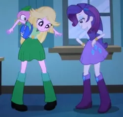 Size: 612x583 | Tagged: safe, derpibooru import, screencap, rarity, spike, twilight sparkle, dog, equestria girls, equestria girls (movie), blonde, clothes, costume, disguise, dressup, instant cosplay surprise, spike the dog, tara strong, twilight strong, voice actor joke, wig