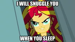 Size: 625x351 | Tagged: safe, derpibooru import, edit, edited screencap, screencap, sunset shimmer, equestria girls, equestria girls (movie), >:d, bronybait, caption, cute, daaaaaaaaaaaw, evil grin, grin, image macro, imma snuggle you, pure unfiltered evil, shimmerbetes, smiling, smirk, snuggling, solo, text