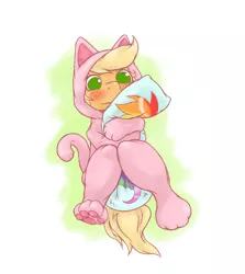 Size: 990x1112 | Tagged: safe, artist:rigi, derpibooru import, applejack, rainbow dash, cat, applecat, appledash, body pillow, cat's pajamas, clothes, costume, female, footed sleeper, kigurumi, lesbian, pajamas, pillow, pixiv, rainbow cat, shipping, solo