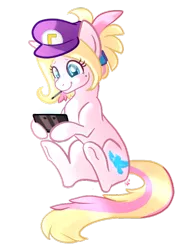 Size: 600x821 | Tagged: 3ds, artist:twighat, derpibooru import, game, hat, mouth hold, oc, safe, sitting, smiling, solo, stylus, super mario bros., underhoof, unofficial characters only, waluigi's hat