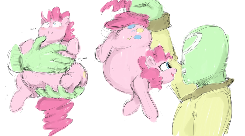 Size: 1440x800 | Tagged: safe, artist:sirmasterdufel, derpibooru import, pinkie pie, oc, oc:anon, human, pony, burp, chubby, fat, in goliath's palm, micro, pudgy pie, tiny, tiny ponies