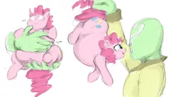 Size: 1440x800 | Tagged: safe, artist:sirmasterdufel, derpibooru import, pinkie pie, oc, oc:anon, human, pony, burp, chubby, fat, in goliath's palm, micro, pudgy pie, tiny, tiny ponies