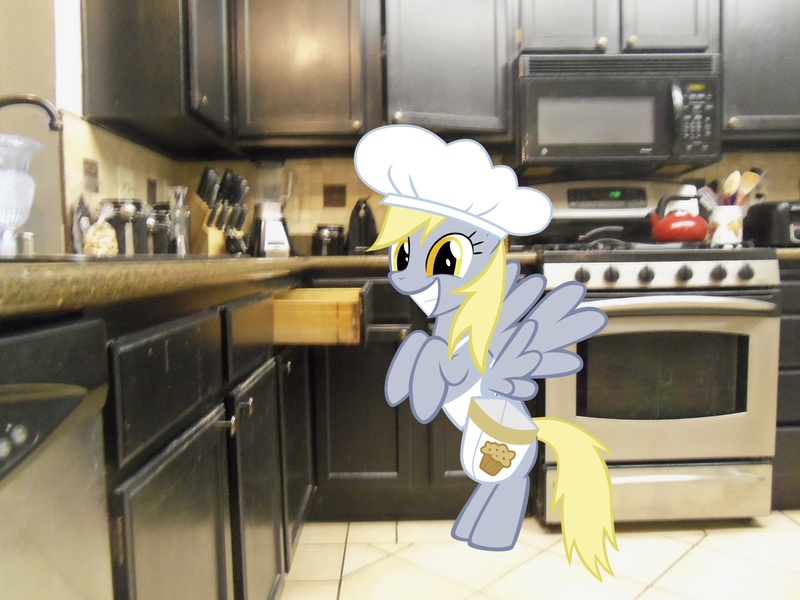 Size: 2048x1536 | Tagged: safe, artist:sclancy5411, derpibooru import, derpy hooves, pegasus, pony, apron, chef's hat, clothes, female, grin, hat, irl, kitchen, mare, photo, ponies in real life, smiling, solo, vector