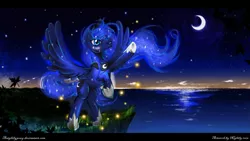 Size: 1024x576 | Tagged: artist:anightlypony, cliff, derpibooru import, firefly (insect), insect, leaves, moon, night, ocean, princess luna, safe, solo