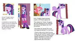 Size: 2000x1086 | Tagged: safe, derpibooru import, pinkie pie, twilight sparkle, twilight sparkle (alicorn), alicorn, equestria girls, equestria girls (movie), green isn't your color, apple, chart, food, headcanon, observation, overthinking it, size comparison