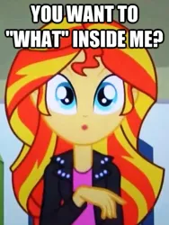 Size: 404x536 | Tagged: suggestive, derpibooru import, edit, edited screencap, screencap, sunset shimmer, equestria girls, equestria girls (movie), caption, exploitable meme, female, image macro, iwtcird, meme, solo, solo female, text