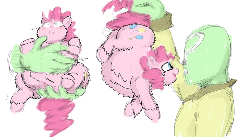 Size: 2480x1375 | Tagged: safe, artist:sirmasterdufel, derpibooru import, edit, pinkie pie, oc, oc:anon, fluffy pony, pony, burp, chubby, fat, in goliath's palm, micro, pinkiefluff, pudgy pie, tiny, tiny ponies