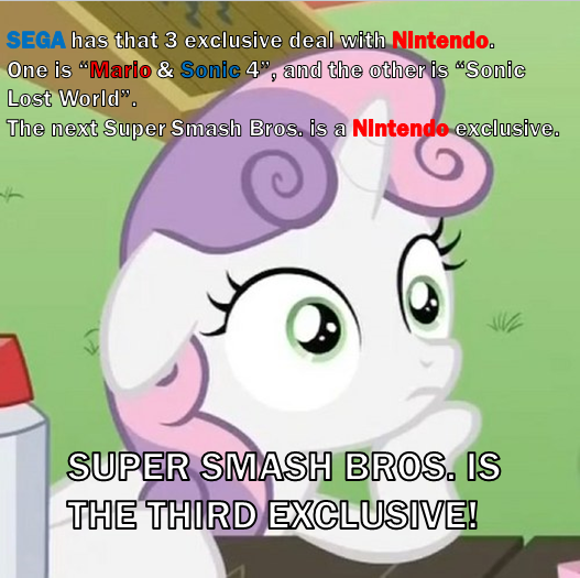 Size: 527x525 | Tagged: 3ds, derpibooru import, edit, edited screencap, exploitable meme, image macro, mario, mario & sonic, meme, nintendo, obligatory pony, ponyville confidential, safe, screencap, sega, solo, sonic lost world, sonic the hedgehog (series), sudden clarity sweetie belle, super mario bros., super smash bros., sweetie belle, wii u