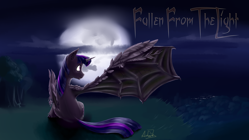 Size: 1920x1080 | Tagged: semi-grimdark, artist:archonix, derpibooru import, twilight sparkle, twilight sparkle (alicorn), alicorn, pony, vampire, bat wings, female, mare, moon, moonlight, solo, wings