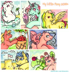 Size: 600x625 | Tagged: applejack (g1), artist:reaperfox, breezie, bubbles (g1), derpibooru import, dipper, firefly, fizzy, g1, safe, sea pony, skydancer, traditional art