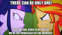 Size: 625x359 | Tagged: safe, derpibooru import, sunset shimmer, twilight sparkle, equestria girls, equestria girls (movie), caption, highlander, image macro, princes of the universe, queen (band), rivalry, text