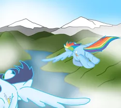 Size: 864x768 | Tagged: safe, artist:ajmstudios, derpibooru import, rainbow dash, soarin', pegasus, pony, butt, duo, female, flying, male, mare, mountain, plot, rear view, river, scenery, scootaloo's scootaquest, stallion