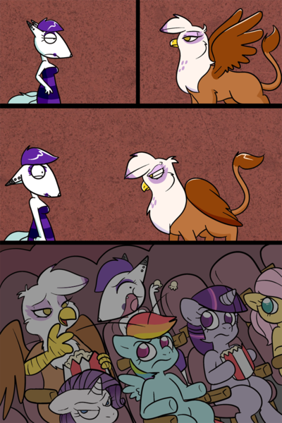 Size: 700x1050 | Tagged: safe, artist:technicolor pie, derpibooru import, fluttershy, gilda, rainbow dash, rarity, twilight sparkle, oc, oc:electra (furry), gryphon, comic, food, furry, popcorn, theater