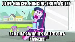 Size: 625x351 | Tagged: safe, derpibooru import, edit, edited screencap, screencap, spike, twilight sparkle, dog, equestria girls, equestria girls (movie), between the lions, cliff hanger, duo, exploitable meme, meme, song reference, spike the dog, twiscream