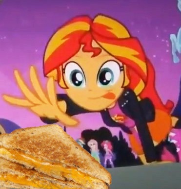 Size: 371x386 | Tagged: safe, derpibooru import, edit, edited screencap, screencap, fluttershy, pinkie pie, sunset shimmer, equestria girls, equestria girls (movie), cheese, cropped, exploitable meme, food, grilled cheese, meme, sandwich, solo, solo focus, sunset shimmer reaching for things, tongue out
