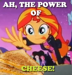 Size: 371x386 | Tagged: safe, derpibooru import, edit, edited screencap, screencap, sunset shimmer, equestria girls, equestria girls (movie), cheese, cropped, exploitable meme, food, grilled cheese, meme, sandwich, solo focus, sunset shimmer reaching for things, tongue out