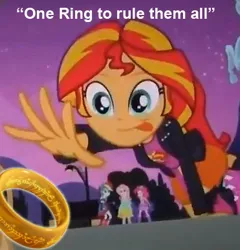 Size: 371x386 | Tagged: safe, derpibooru import, edit, edited screencap, screencap, sunset shimmer, equestria girls, equestria girls (movie), cropped, exploitable meme, jewelry, lord of the rings, meme, ring, solo focus, sunset shimmer reaching for things, the one ring, this will end in tears, tongue out
