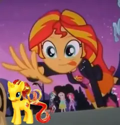 Size: 371x386 | Tagged: safe, derpibooru import, edit, edited screencap, screencap, sunset shimmer, pony, equestria girls, equestria girls (movie), cropped, exploitable meme, human ponidox, meme, narcissism, self ponidox, solo focus, square crossover, sunset shimmer reaching for things, tongue out, toy
