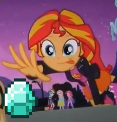 Size: 371x386 | Tagged: safe, derpibooru import, edit, edited screencap, screencap, sunset shimmer, equestria girls, equestria girls (movie), cropped, diamond, exploitable meme, meme, minecraft, solo, sunset shimmer reaching for things, tongue out
