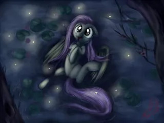 Size: 1200x900 | Tagged: artist:miokomata, cute, dark, derpibooru import, firefly (insect), fluttershy, glow, insect, night, on back, safe, shyabetes, solo, swimming, water, wet, wet mane