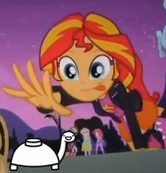 Size: 369x384 | Tagged: safe, derpibooru import, edit, edited screencap, screencap, sunset shimmer, equestria girls, equestria girls (movie), asdfmovie, cropped, exploitable meme, hello, meme, mine turtle, solo focus, sunset shimmer reaching for things, this will end in tears, tongue out
