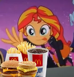 Size: 371x386 | Tagged: safe, derpibooru import, edit, edited screencap, screencap, sunset shimmer, equestria girls, equestria girls (movie), burger, cheeseburger, cropped, exploitable meme, food, french fries, hamburger, mcdonald's, meme, soda, sunset shimmer reaching for things, tongue out