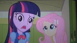 Size: 1443x815 | Tagged: safe, derpibooru import, screencap, fluttershy, twilight sparkle, equestria girls, equestria girls (movie), derp, say what