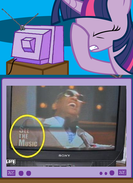 Size: 562x771 | Tagged: blind, can't see shit, derpibooru import, exploitable meme, facehoof, fail, meme, obligatory pony, ray charles, safe, see the music, sony, sony trinitron, tv meme, twilight sparkle