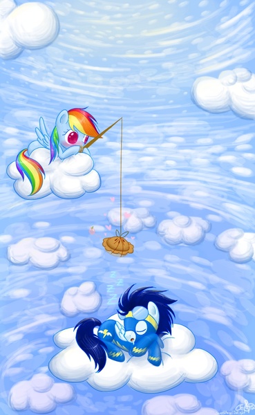 Size: 800x1300 | Tagged: safe, artist:sweetangeldelight, derpibooru import, rainbow dash, soarin', blushing, clothes, cloud, cloudy, cute, dashabetes, female, fishing rod, food, heart, male, onomatopoeia, pie, pie seduce, shipping, sleeping, soarindash, sound effects, straight, that pony sure does love pies, uniform, wonderbolts uniform, zzz