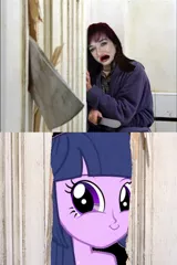 Size: 700x1050 | Tagged: safe, derpibooru import, twilight sparkle, equestria girls, equestria girls will be better than fim, faic, here's johnny, lauren faust, meme, smirk, stanley kubrick, the shining, twiface, wrong neighborhood