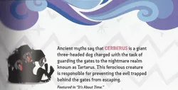 Size: 567x289 | Tagged: cerberus, cerberus (character), derpibooru import, elements of harmony (book), guidebook, it's about time, multiple heads, safe, tartarus, text, three heads