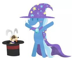 Size: 787x640 | Tagged: artist:elslowmo, blushing, bunny ears, cape, clothes, derpibooru import, dog, grin, hat, safe, smiling, trixie, trixie's cape, trixie's hat