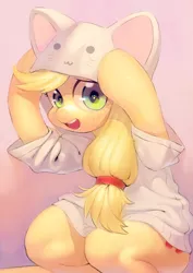 Size: 2480x3508 | Tagged: safe, artist:aruurara, derpibooru import, applejack, cat, earth pony, pony, applecat, cat hoodie, cat's pajamas, clothes, costume, female, hoodie, kigurumi, mare, open mouth, pajamas, solo, sweat, sweatdrops, wingding eyes