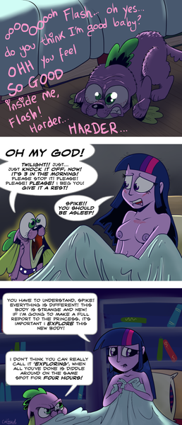 Size: 500x1165 | Tagged: questionable, artist:catfood-mcfly, derpibooru import, spike, twilight sparkle, dog, equestria girls, equestria girls (movie), bed, bedroom, blushing, breasts, caught, comic, female, implied flashlight, implied sex, implied shipping, implied straight, incestria girls, male, masturbation, nipples, nudity, parody, shipping, solo, spike the dog, straight