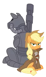 Size: 1353x2246 | Tagged: safe, artist:vanripper, derpibooru import, applejack, oc, oc:steelhooves, earth pony, pony, fallout equestria, fanfic, applejack's hat, applesnack, armor, back to back, canon x oc, clothes, cowboy hat, fanfic art, female, gun, hat, hooves, jacket, machine gun, male, mare, ministry mares, ministry of wartime technology, power armor, simple background, sitting, stallion, steel ranger, transparent background, vector, weapon