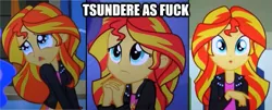 Size: 625x252 | Tagged: safe, derpibooru import, edit, screencap, sunset shimmer, equestria girls, equestria girls (movie), :<, :o, caption, cute, frown, image macro, looking at you, open mouth, sad, shimmerbetes, solo, text, tsundere, tsunset shimmer, vulgar, wide eyes