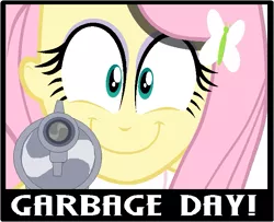 Size: 675x548 | Tagged: safe, derpibooru import, fluttershy, equestria girls, equestria girls (movie), close-up, garbage day, gun, handgun, happyshy, looking at you, rapeface, silent night deadly night, solo, weapon