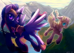 Size: 1350x955 | Tagged: safe, artist:si1vr, derpibooru import, fluttershy, twilight sparkle, twilight sparkle (alicorn), alicorn, pony, armor, flying, mountain, vertigo, water