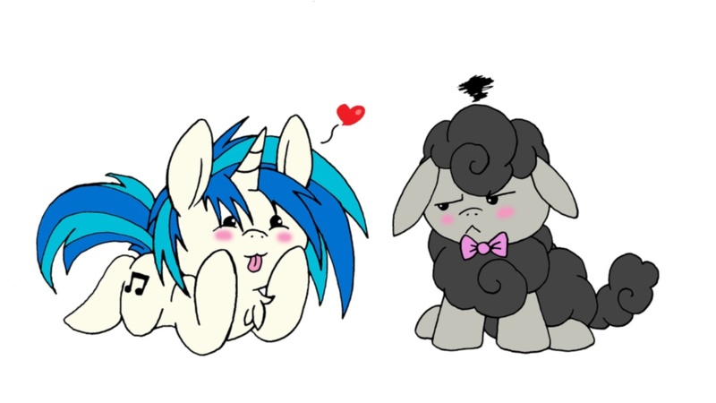 Size: 1332x750 | Tagged: safe, artist:tilly-towell, derpibooru import, octavia melody, vinyl scratch, pony, sheep, unicorn, :3, :<, :p, blush sticker, blushing, chest fluff, chibi, cute, ewe, female, floppy ears, fluffy, frown, glare, heart, lesbian, mare, prone, scratchtavia, sheeptavia, shipping, simple background, smiling, species swap, squishy cheeks, tongue out, unamused, white background