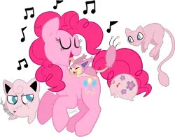Size: 942x741 | Tagged: safe, artist:deerspit, derpibooru import, pinkie pie, jigglypuff, mew, munna, skitty, cigarette, crossover, happy, music notes, pink, pokémon, singing, smoking, tongue out