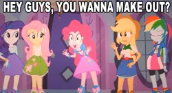 Size: 631x344 | Tagged: safe, derpibooru import, edit, edited screencap, screencap, applejack, fluttershy, pinkie pie, rainbow dash, rarity, equestria girls, equestria girls (movie), caption, humane five, image macro, implied lesbian, meme, pinkie has a crazy idea, text