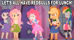 Size: 631x344 | Tagged: safe, derpibooru import, applejack, fluttershy, pinkie pie, rainbow dash, rarity, equestria girls, equestria girls (movie), energy drink, meme, pinkie has a crazy idea, red bull