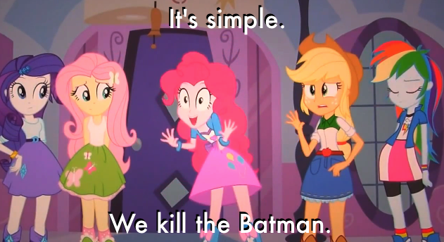 Size: 631x344 | Tagged: safe, derpibooru import, edit, edited screencap, screencap, applejack, fluttershy, pinkie pie, rainbow dash, rarity, equestria girls, equestria girls (movie), batman, caption, image macro, meme, pinkie has a crazy idea, text, the dark knight