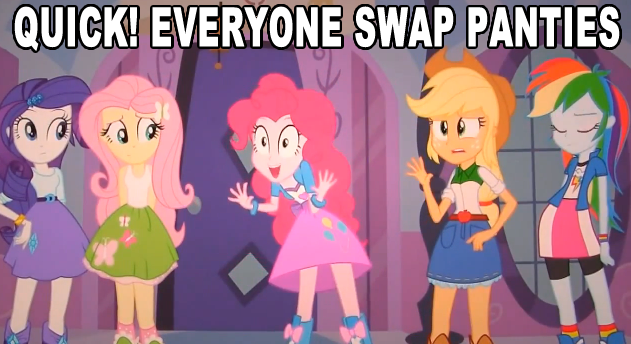 Size: 631x344 | Tagged: suggestive, derpibooru import, applejack, fluttershy, pinkie pie, rainbow dash, rarity, equestria girls, equestria girls (movie), caption, image macro, meme, pinkie has a crazy idea, text