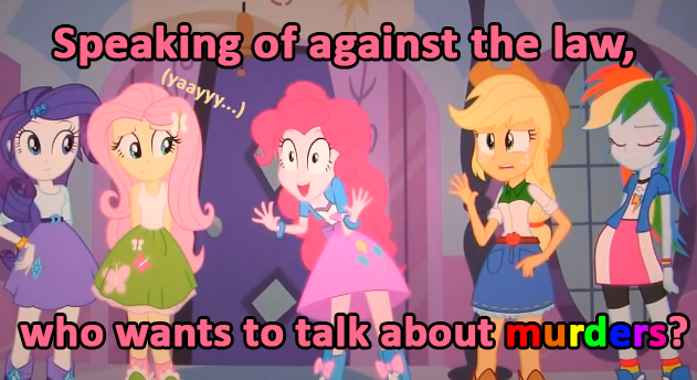 Size: 631x344 | Tagged: safe, derpibooru import, applejack, fluttershy, pinkie pie, rainbow dash, rarity, equestria girls, equestria girls (movie), caption, hiimdaisy, image macro, meme, persona, persona 4, pink text, pinkie has a crazy idea, text