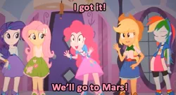 Size: 631x344 | Tagged: safe, derpibooru import, applejack, fluttershy, pinkie pie, rainbow dash, rarity, equestria girls, equestria girls (movie), caption, image macro, meme, pink text, pinkie has a crazy idea, text, the demented cartoon movie