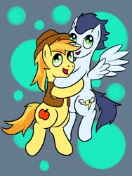 Size: 3000x4000 | Tagged: safe, artist:wolferahm, derpibooru import, braeburn, soarin', earth pony, pegasus, pony, gay, happy, hug, male, shipping, soarburn